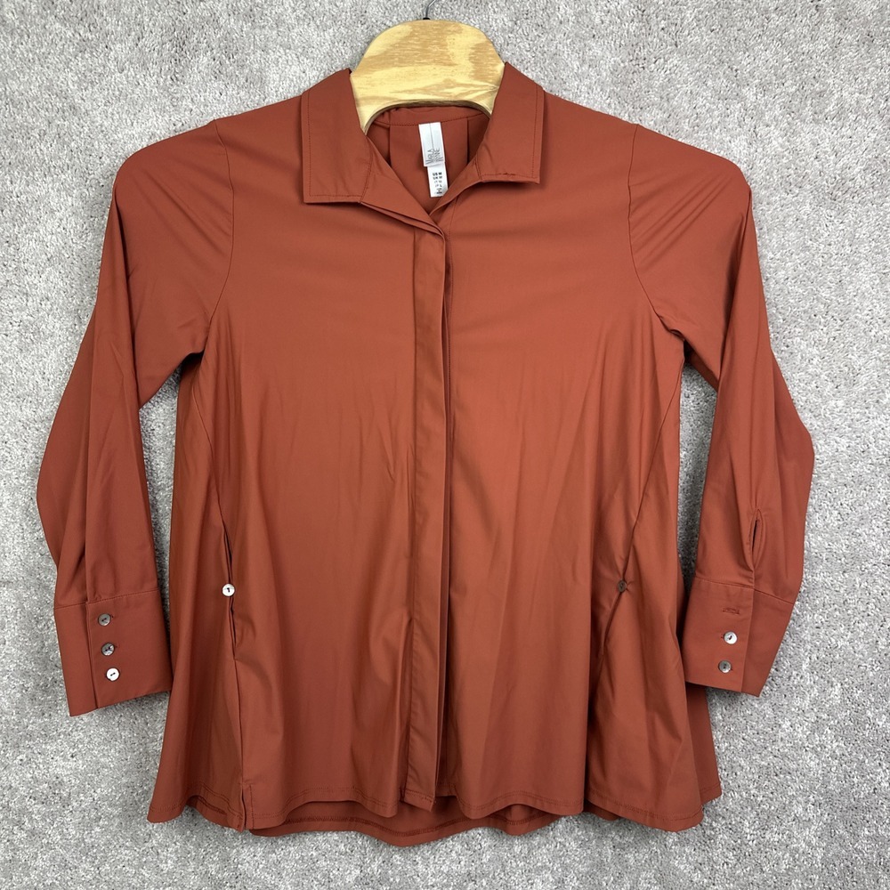 Marla Wynne Stretch Shirt Women Medium Orange Button Nylon Long Sleeve